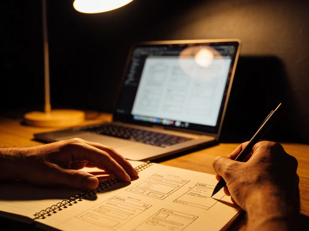 Hands sketching website wireframes in a notebook beside a laptop