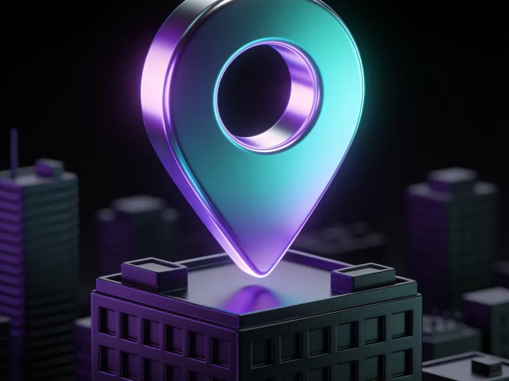 Glowing map pin above a miniature city block — local search visibility