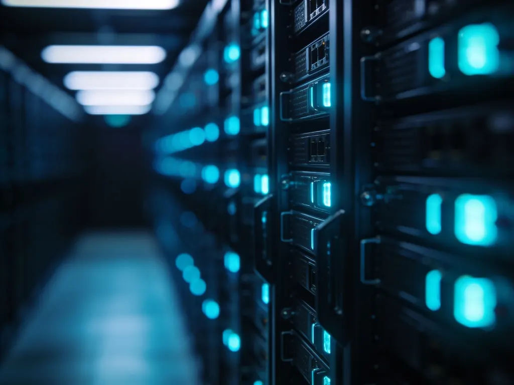 Rows of softly glowing server lights in a modern data center