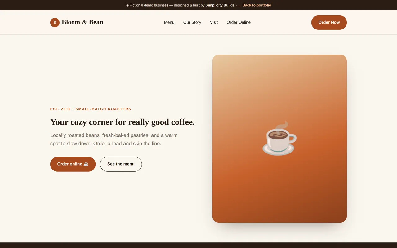 Bloom & Bean café demo site — warm cream layout with menu and order-ahead