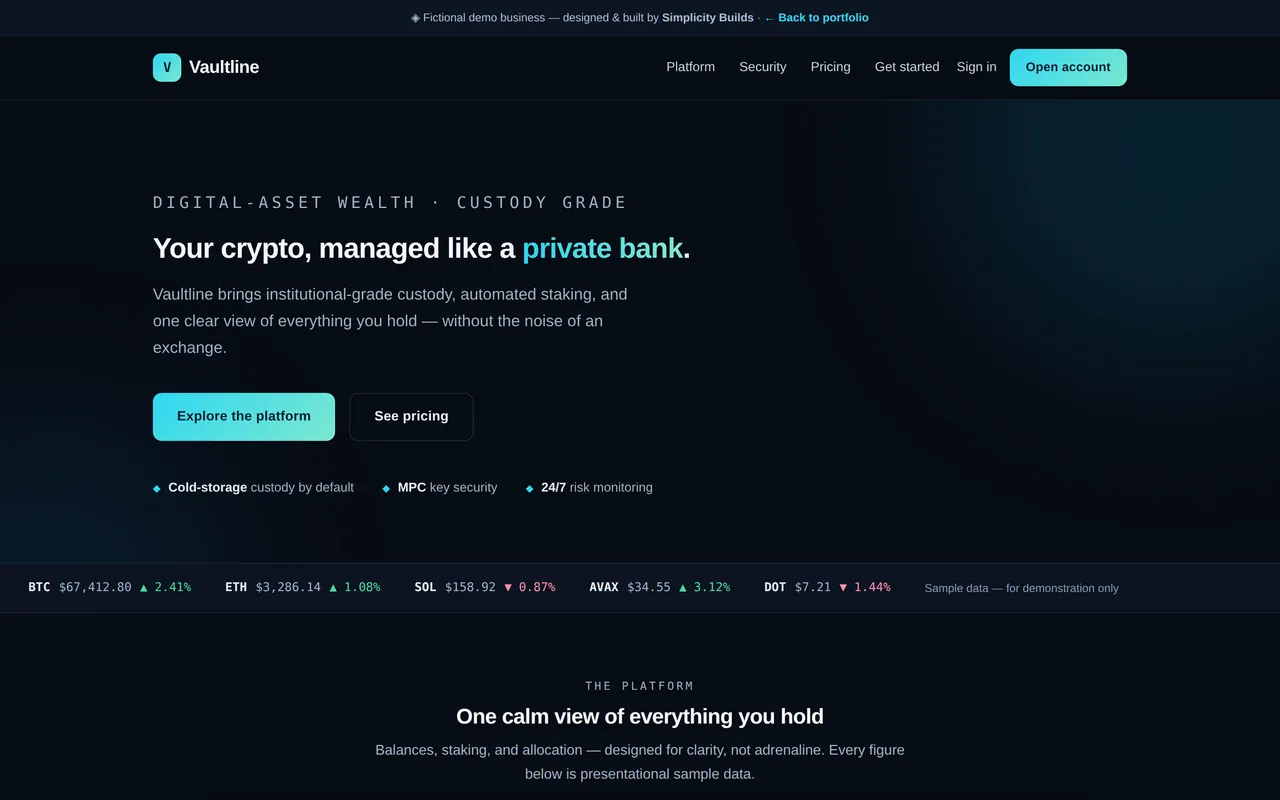 Vaultline demo site — dark fintech platform with portfolio dashboard preview