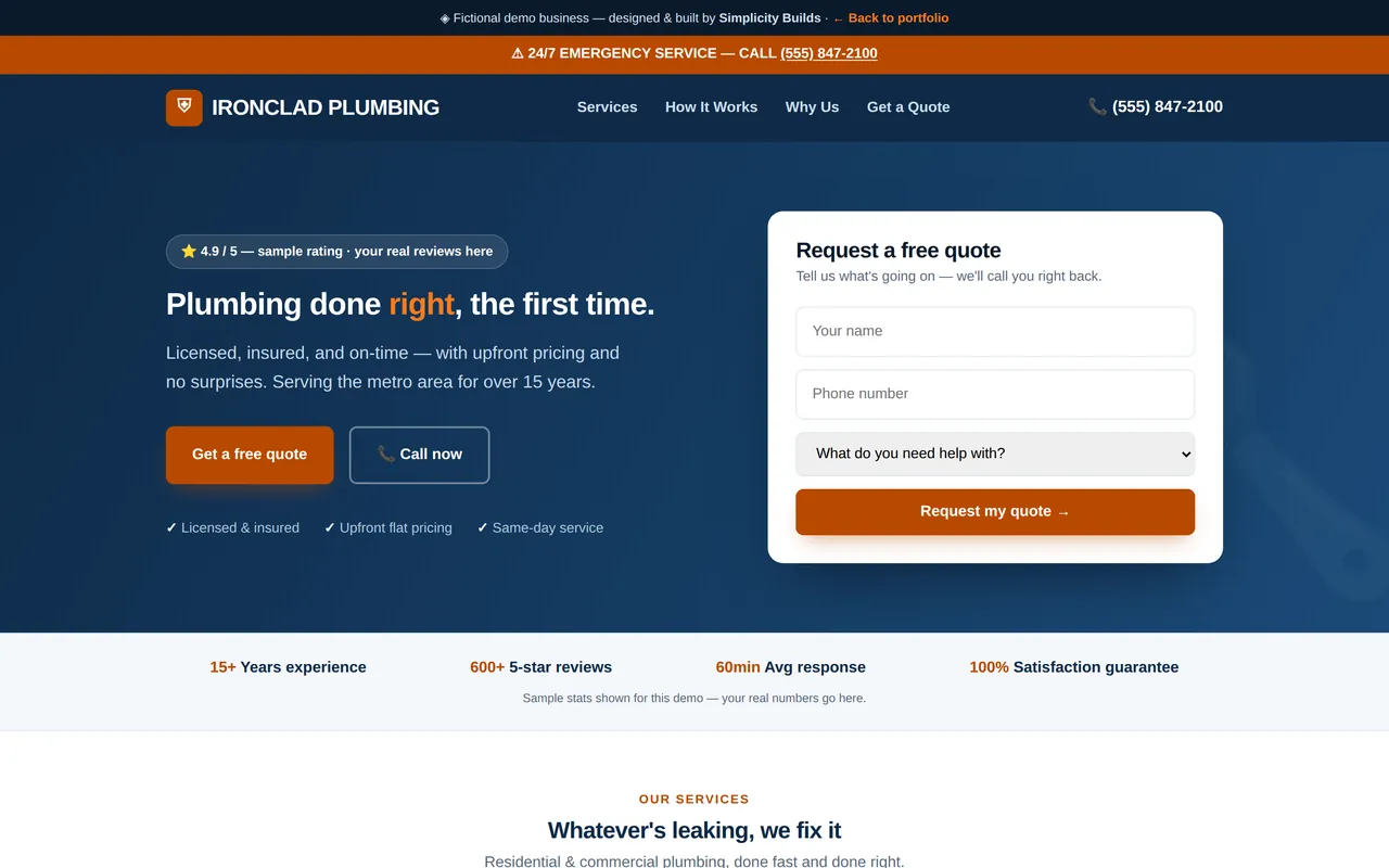 Ironclad Plumbing demo site — navy hero with a request-a-quote form and 24/7 emergency call bar