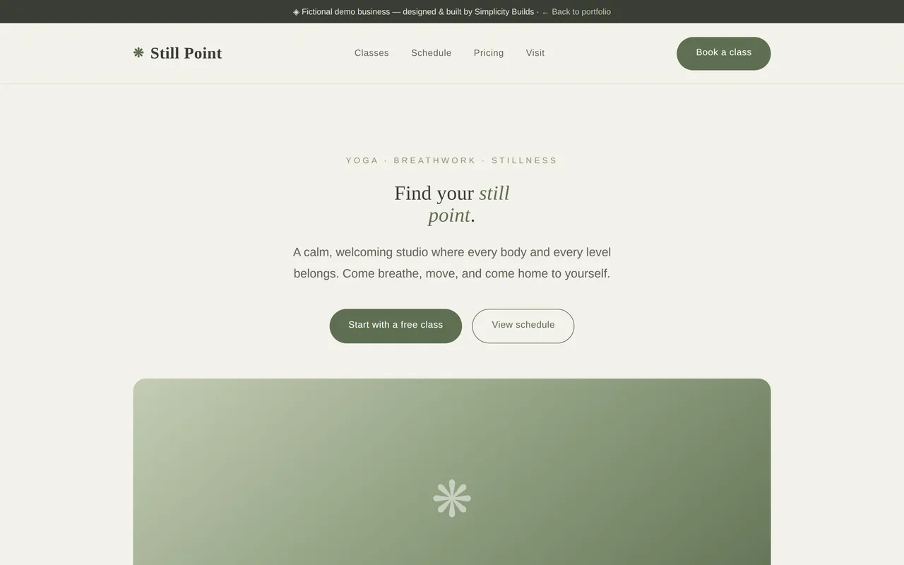 Still Point Studio demo site — calm sage-toned yoga studio layout with class schedule